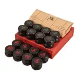 Chinesisches Xiangqi for 2 Spieler, Strategiespiel, tragbares chinesisches Schach-Reisebrettspielset mit Lederschachbrett(Ebony)