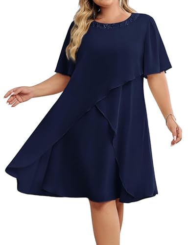Hanna Nikole Festliche Kleider FüR Damen Hochzeit GroßE GrößE Hochzeitsgäste Kleider Chiffon Abendkleider Mit Pailletten Rundhalsausschnitt Elegant Cocktailkleid Midikleid FüR Die Brautmutter