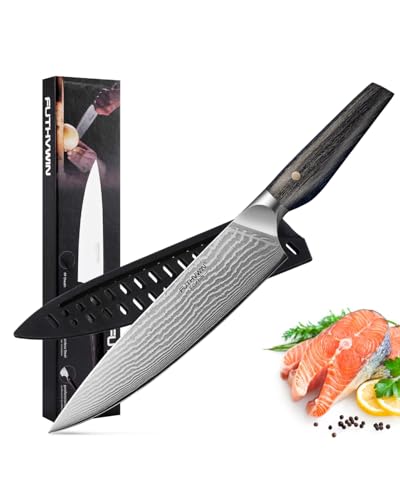 FUTHVWIN Damast Küchenmesser mit Schutzhülle, 20cm Klingenlänge, Ultra Scharfes Kochmesser Profi Messer 67 Schichten Damaststahl Küchenmesser mit Ergonomischer Pakkaholz Griff