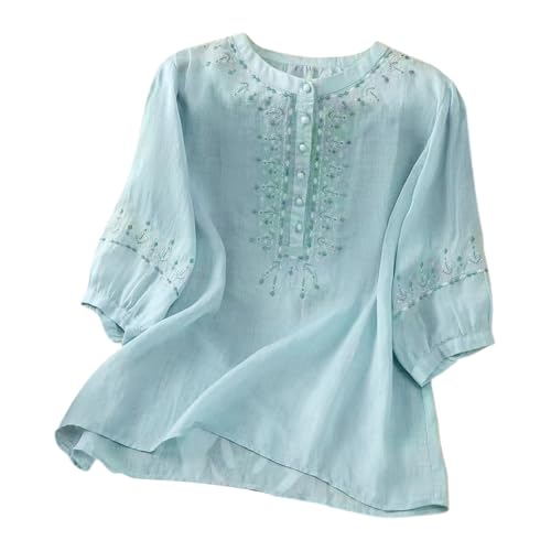 Generisch Damen Bluse aus Leinen Baumwolle Mix Rundhals mit Blumenstickerei Langer eleganter Schnitt für Berufsoutfits Vintage-Stil dünner Stoff