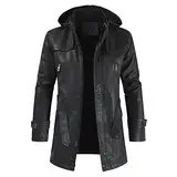 Sawmew Herren Bomberjacke Lange Lederjacken Herbst-Revers Winter Dickes Fleece Lässige Vintage Herren Outwear Outwear Herren PU-Ledermäntel (Color : Schwarz, Size : XXL)