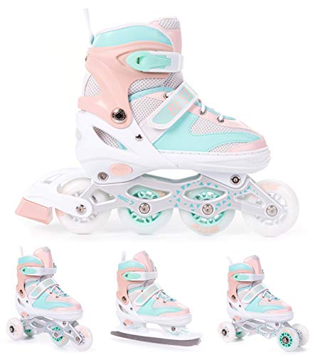 BESTIF Inliner für Kinder und Erwachsene Inline Skates 4in1 Rollschuhe Schlittschuhe Verstellbar (Türkis-Orange, 38-41)