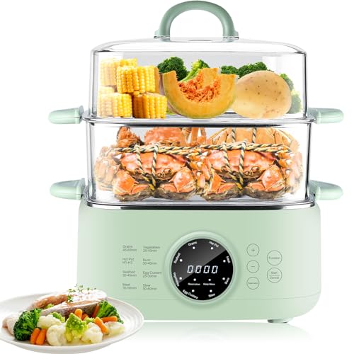 Skyehomo Elektrischer Dampfgarer 1000W, Dampfkocher 24H Timer + 6H Warmhaltefunktion, 2 individuell stapelbare Garräume je 3,5L + 2,3L Feuertopf, Electric Food Steamer 8 Modi regulierbar, Transparent