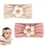 Blumen-Stirnbänder für Babys, 2 Stück Stirnbänder Baby Mädchen, Nylon-Baby und Stirnbänder, Baby Stirnband, Baby-Zubehör für Neugeborene, Elastische Baby-Schleifen (Beige/Rosa)