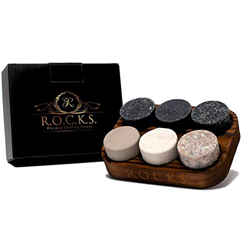 Whiskey Steine Geschenkset- 6 Handgefertigte Premium-Granitsteine - Präsentations & Aufbewahrungsschale Aus Hartholz R.O.C.K.S.