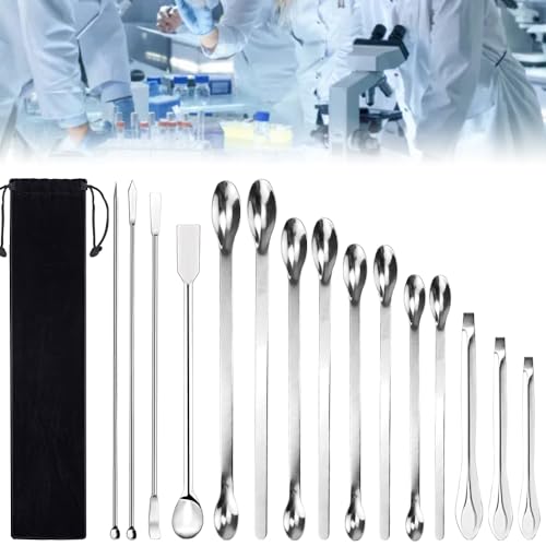 DTYGUIXE 15 Stück Labor Spatel Edelstahl Lab Löffel Mikro Spatel Micro Scoop Set 2-in-1 Laborlöffel Lab Mischen Spatel Experimentierlöffel mit Tasche für Mikromedikamente, Reagenzien, Polymerton