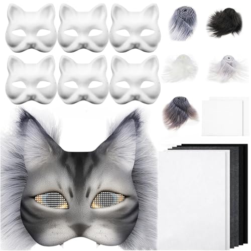 Skeadex Therian Mask DIY Set, 6 Stück Therian Masken Kit mit Blanko Katzenmaske, Kunstpelz, Augennetz und Filztuch, Furry Tiermasken Katzenmasken für Halloween Karneval Maskerade Rollenspiele (A)