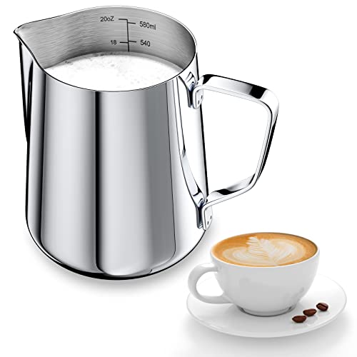 Newaner 600ml Milchkännchen zum Milchaufschäumen 304 Edelstahl, Milchkanne mit Messung Mark 12oz für Barista, Milch Pitcher für Cappuccino, Espresso, Latte Art, Perfekt für Kaffeeliebhabe, Silber