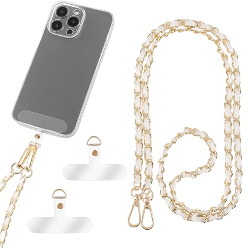 Amaxiu PU Leder Handykette, Metall Handy Umhängeband Handy Kette Handy Kettenriemen Freisprecheinrichtung Handyband Zum Umhängen Smartphones Handyumhängeband(Weiß)