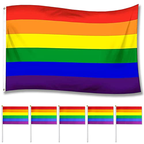 Lgbtq Flagge Regenbogen Flagge Gay Pride Flagge 150 x 90 cm Pride Flagge mit Dicke Messingösenhe und 5 PCS HandHeld Mini Flagge Regenbogenfahne Wetterfeste für LGBTQ Feste und Feiern