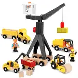 Taloit Kran Spielzeug Baustellenfahrzeuge Bagger Kinder ab 2 Jahre Holz Baustelle Spielzeug Baukran Turmkran Kranwagen Muldenkipper Straßenwalze Crane Spielzeug-Set 2 3 4 5 Jahre Alter Junge Geschenk