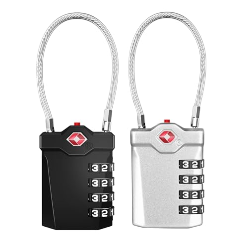 ZHEGE TSA Schloss, 4 Stellig Zahlenschloss Koffer, Kabelschloss, Kofferschloss, Reiseschloss, Gepaeckschlösser, Vorhängeschloss Zahlen für Gepäck, Rucksack und Spind (2 Stücke, Schwarz und Silber)