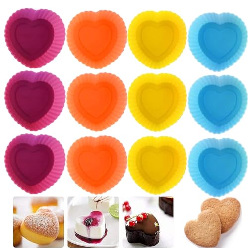 LANYOTA Silikon Backform Mini Muffinform 12 Stück, Wiederverwendbare Muffinformen Cupcakeförmchen für Kuchen,Eincreme und Puddin, Silikonformen Backen, BPA-Frei, Silicone Mold (Herz)