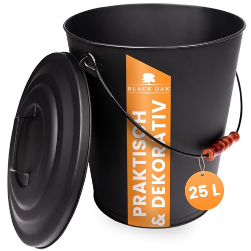 BLACK OAK Ascheeimer Santorini 25L – schwarz mit Deckel - XXL extra groß 25 Liter - Stahl feuerfest verzinkt & pulverbeschichtet Asche & Kohle Eimer Zubehör ideal für Kamin Kachelofen Holzofen