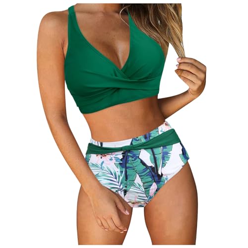 Bikini Damen Set Sexy Badeanzug Zweiteiliger V Ausschnitt überkreuztes Blumenmuster Oberteil Bikinihose Bademode Bauchkontrolle Sommer Bikinioberteile Swimsuit Sport Frauen Badebekleidung Bandeau