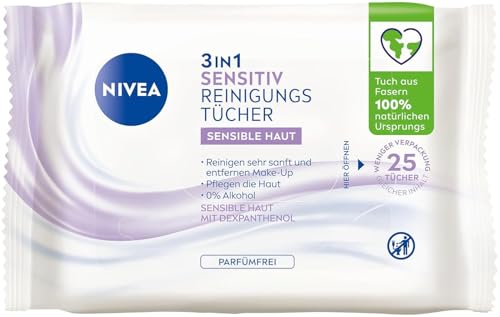 NIVEA 3in1 Sensitiv Reinigungstücher, milde Gesichtsreinigungstücher mit Dexpanthenol, sanfte Abschminktücher für besonders sensible Haut mit 0% Alkohol (25 Stück)