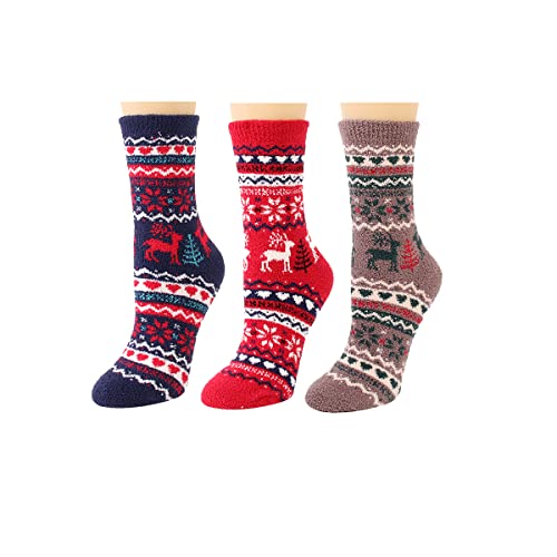 AUERVO Damen Urlaubssocken Winterplüsch Neuheit Socken Dicke Kuschelweiche Warme Wintersocken für Damen Weihnachten, Geschenk, 3 Paar