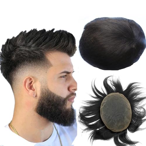 NLW Real Hairs Men’s Toupee, 100% Natural Human Hair Replacement System Medium Density, Breathable French Lace Wig Piece 8 * 10 Inches (#1B Natural Black)
