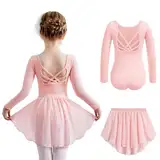 Arshiner Mädchen Ballettkleidung Baumwolle Ballettkleid Langarm Balletttrikot Kinder Tanzkleid Kleinkind Balllett Tanzbody mit Pailletten Ballettrock Rosa 140/5-6 Jahre