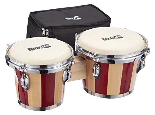 RockJam RJ-100301 7" and 8" Bongo Set with Padded Bag and Tuning Wrench Red and Natural Stripe