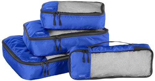 Amazon Basics Packwürfel Set für Koffer, Reise Organizer, Reißverschluss, 4 Teilig, Groß, Mittelgroß, Klein, Schmal, Blau