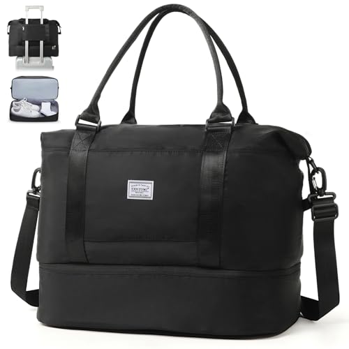 TANTOMI Reisetasche Handgepäck,Sporttasche Damen,46x23x32 cm,Handgepäck Tasche Weekender Bag wasserdichte Reisetasche Duffle Bag Trainingstasche Kliniktasche Geburt Geeignet Urlaub Camping，Schwarz