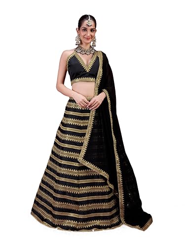 TRENDMALLS Damen Seide Stickerei Lehenga Choli mit Netz Dupatta (L251-Schwarz), Schwarz, Einheitsgre