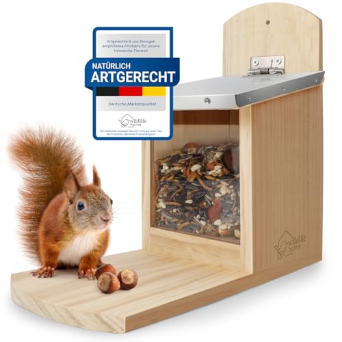 WILDLIFE HOME Eichhörnchen Futterhaus mit Metalldach I Futterstation aus verschraubtem Massiv-Holz I Wetterfest & Unbehandelt I Eichhörnchenhaus für Eichhörnchenfutter