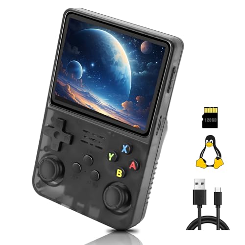 R36S Handheld, 3.5 Inch IPS Screen Linux System, Handheld Spielkonsole unterstützung WiFi online schlachten, mit 10000+ Klassische Spiele, 128G, Transparent Schwarz