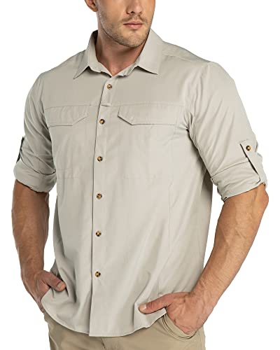 33,000ft Funktionshemd Herren UPF50+ UV-Schutz Langarm Hemd Atmungsaktiv Button-Down-Hemd Outdoor Sportliches Freizeithemd Angelhemd Für Männer Khaki L