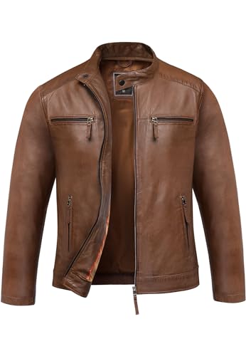 Amaci&Sons Herren Echtleder Jacke Biker Zipper Lederjacke 9108 Cognac L