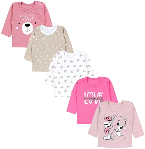 TupTam Baby Mädchen Langarmshirt Sterne 5er Pack, Farbe: Blümchen Beige Herzen Rosa Puderrosa Pink, Größe: 104