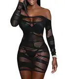 Buitifo Damen Dessous Kleid Babydoll Nachtwäsche Fischnetz Bodysuit Dessous Bodycon Minikleid Clubwear(schwarz qgq,M)