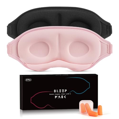 Aosun Schlafmaske für Seitenschläfer, 2er-Pack, Verbesserte 3D Schlafbrille für Frauen & Herren, 100% Lichtblockierende Augenmaske Schlafmasken mit Verstellbarem Elastisch & Ohrstöpsel für Reisen