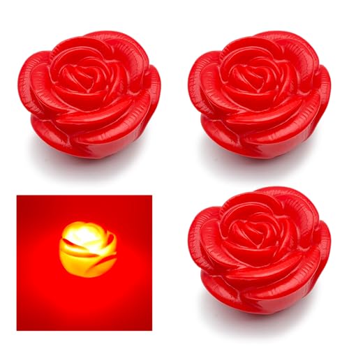 Set mit 3 roten LED-Rosen – romantische Dekoration für Tisch, Badezimmer, Schlafzimmer – perfekt für Abendessen, Hochzeit, Valentinstag, Liebesgeschenk, Tischkarten, warme und gemütliche Atmosphäre