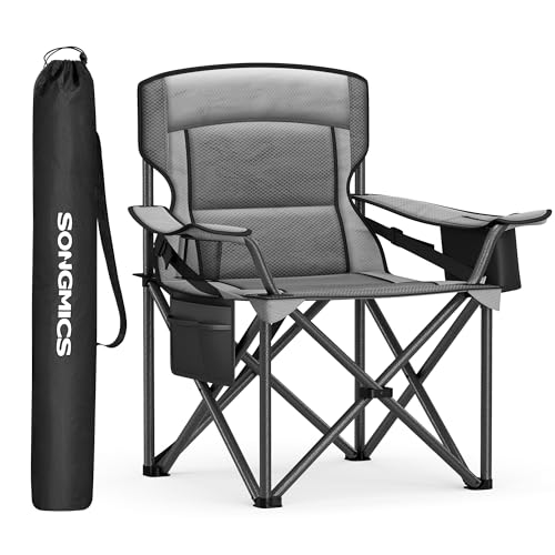 SONGMICS Campingstuhl, Klappstuhl mit Getränkehalter, Angelstuhl, Schaumstoffpolsterung, klappbar, bis 205 kg belastbar, Outdoor-Stuhl, hohe Rückenlehne, schiefergrau GCB066G01