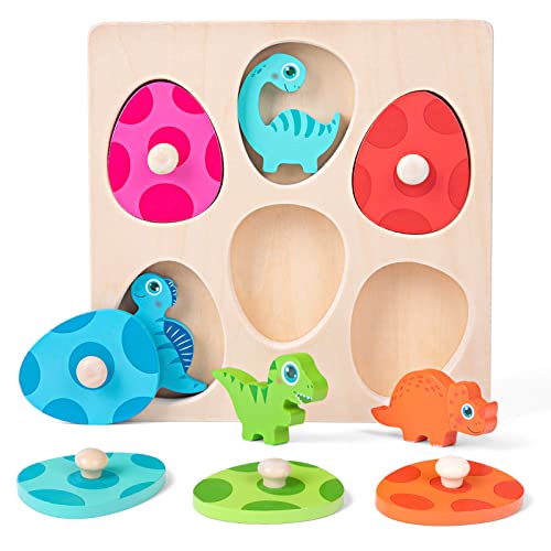 Holzpuzzle ab 1 Jahr | Baby Montessori Holzspielzeug Dino Eier für 12-36 Monate Mädchen und Jungen | Kinder Greifpuzzle Motorikspielzeug Sortierspiel Geburztag Weihnacht Ostern Geschenk (Dino & Eier)