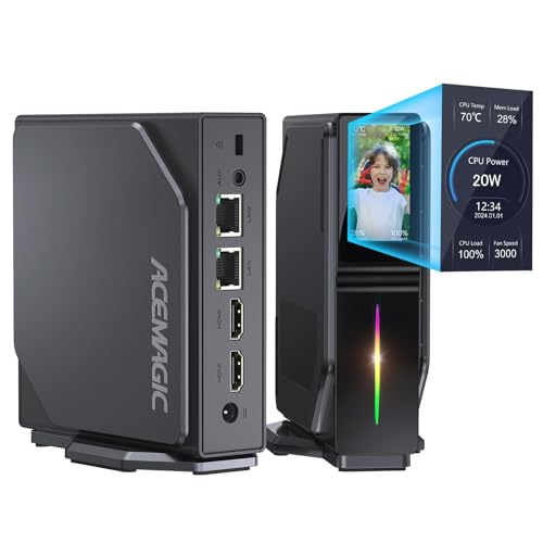 ACEMAGIC S1 Mini PC mit LCD Bildschirm, 1024GB (1TB) M.2 NVMe SSD Mini Computer, Intel Alder Lake-N95(bis zu 3,40GHz, 20W TDP), 16GB DDR4 Vertikaler Mini Tower PC mit RGB/WiFi 6/Dual LAN für Heim/Büro