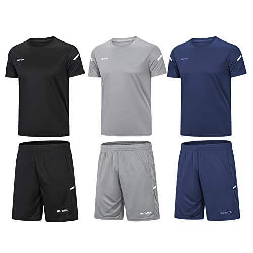 BUYJYA Herren Trainingskleidung Active Athletic Shorts Shirt Set 1 oder 3 Pack für Basketball Fußball Training Laufen, Schwarz-Navy-Grau, Mittel