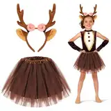 Reh Kostüm Kinder, Reh Geweih Haarreif und Tutu Rock Mädchen, Fasching Rehkostüm Kinder, Rentier Kostüm, Rehkitz Ohren für Karneval, Weihnachten