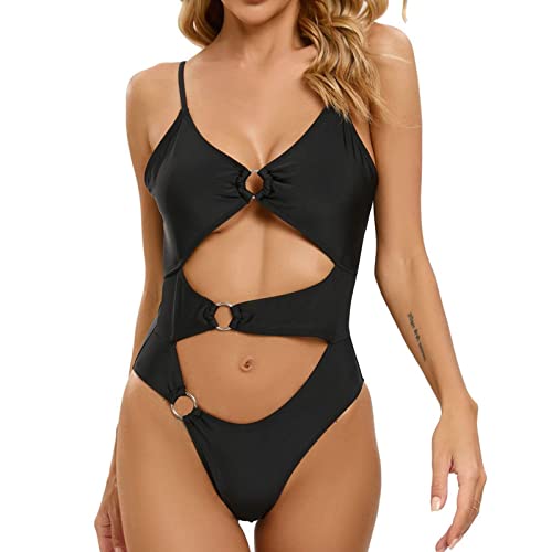 Hehiy Damen Badeanzug V-Ausschnitt Rückenfrei Sexy Bademode Raffung Bauchweg Einteilige Strandmode Swimsuit S-XXL Bikini Hoher Bund Badeanzug Neckholder Damen Schwarz Bauchweg