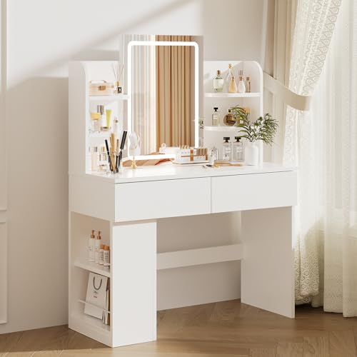 Airfish Schminktisch mit Beleuchtung, Schminktisch mit Spiegel und Verdeckter LED Lichtleiste, DREI Farbtemperaturen und Helligkeit Einstellbar, Zwei Schubladen und EIN Anrichten, Weiß
