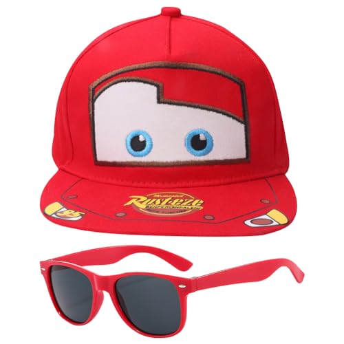 TIUASHR Mccqueen Car Baseballmütze, 2PCS Auto Baseballkappe und Sonnenbrille Baseball Cap Kinder Sonnenhut Verstellbar Baseboard Mütze Basecap Kappe Cap Sonnenmütze für Kinder Ab 3 Jahren