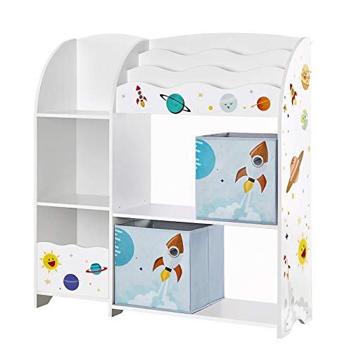 SONGMICS Kinderzimmerregal, Spielzeug-Organizer, Bücherregal für Kinder, multifunktionale Ablage mit 2 Aufbewahrungsboxen, Sticker mit Weltall-Motiven, Kinderzimmer, Schlafzimmer, weiß GKR42WT