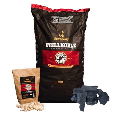 BlackSellig Steakhouse Grillkohle - Premium Quebracho Blanco Holzkohle | Lange Brenndauer | Hohe Hitze | Geringe Rauchentwicklung (10kg + 50 Anzünder)
