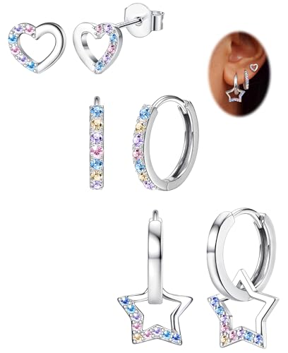 JeweBella 3 Paar Ohrringe Silber 925 Pfosten für Damen Mädchen Ohrringe Set Ohrstecker Creolen Silber Herz Stern Earrings Stapelbar Ohrringe Silber Hängend Kinder Ohrringe Mädchen Rosa/Blau/Lila