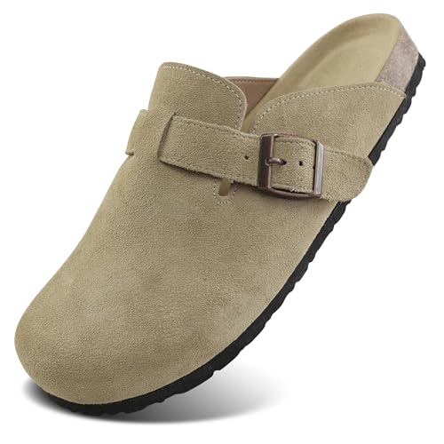 Procity Damen Herren Pantoffel Gartenschuhe Echtleder Clogs geschlossene Hausschuhe mit Kork-Fußbett Sommer Latschen L Khaki 39