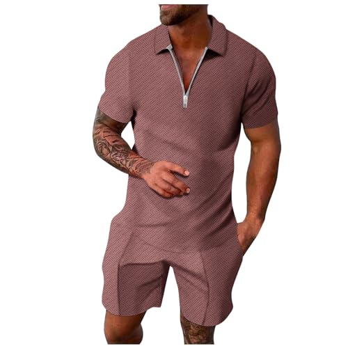 QWUVEDS Herren Casual Striped Print Zweiteiler Reißverschluss Kragen Kurzarm Top Bluse Kordelzug Tasche Short Set Trainingsanzug Herren Nylon (240426B-Brown, L)