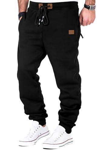 Meilicloth Herren Jogginghose Warme Gefütterte Trainingshose Sporthose Fitness Jogger Sweatpants Trainingshose Herren mit Taschen Regular Fit Schwarz L