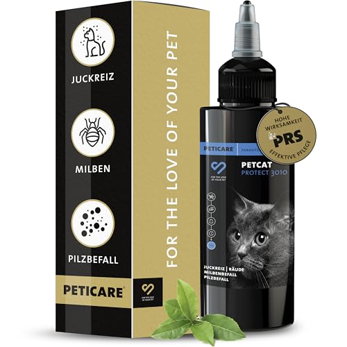 Peticare Anti-Parasiten Mittel für Katzen | gegen Milben Flöhe Pilze | lindert effektiv Juckreiz & unterstützt Regenerationsprozess | einzigartiges PRS® System für lange Wirkung – petCat Protect 3010